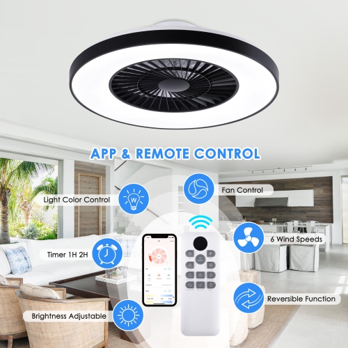 HUMHOLD Bladeless Ceiling Fan with Light, 24" Low Profile with Light, 3-Dimmable Lights, Enclosed with 6 Speeds Black for Bedroom, Living Room - Black