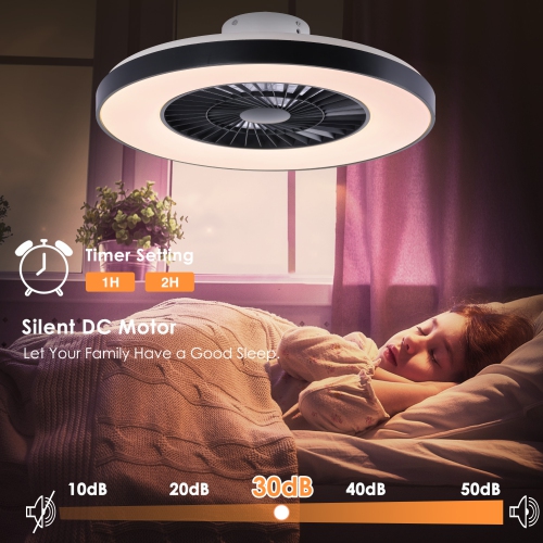 HUMHOLD Bladeless Ceiling Fan with Light, 24" Low Profile with Light, 3-Dimmable Lights, Enclosed with 6 Speeds Black for Bedroom, Living Room - Black