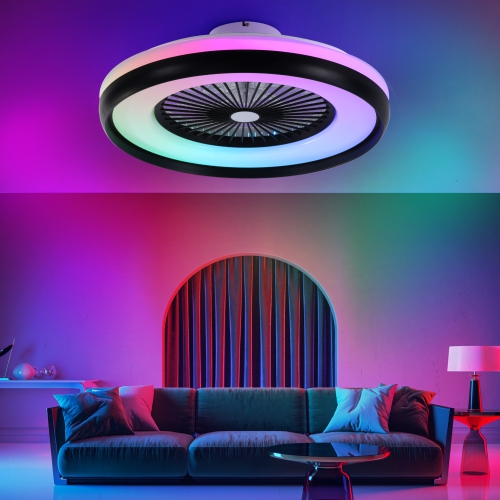 HUMHOLD 24" Bladeless with RGB Light Remote, Smart LED with Voice/App Control, Modern Low Profile Dimmable Light Ceiling Fan for Bedroom Living Room