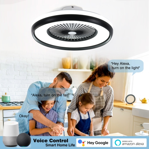 HUMHOLD 24" Bladeless with RGB Light Remote, Smart LED with Voice/App Control, Modern Low Profile Dimmable Light Ceiling Fan for Bedroom Living Room