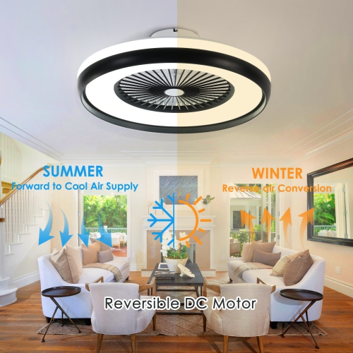 HUMHOLD 24" Bladeless with RGB Light Remote, Smart LED with Voice/App Control, Modern Low Profile Dimmable Light Ceiling Fan for Bedroom Living Room