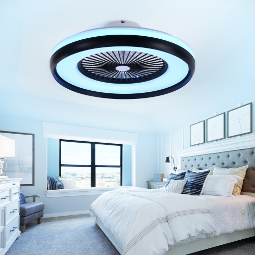 HUMHOLD 24" Bladeless with RGB Light Remote, Smart LED with Voice/App Control, Modern Low Profile Dimmable Light Ceiling Fan for Bedroom Living Room