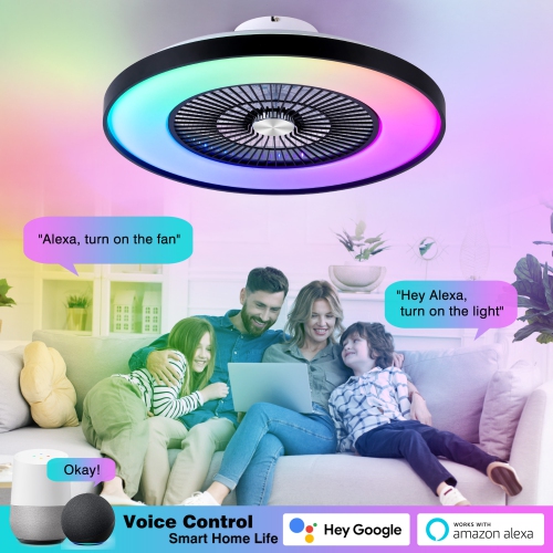 HUMHOLD 24" Bladeless Ceiling Fan with Lights and Remote/APP/Voice Control, Low Profile with RGB Lights, Enclosed Flush Mount for Kid's