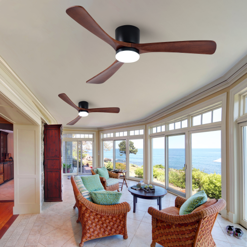 HUMHOLD 52" Wood Ceiling Fan w/ Lights Remote Reversible DC Motor 6-Speed, 3 Blades Low Profile Flush Mount, Modern for Low Profile Walnut & Matte -