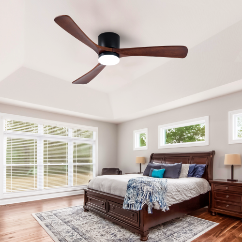 HUMHOLD 52" Wood Ceiling Fan w/ Lights Remote Reversible DC Motor 6-Speed, 3 Blades Low Profile Flush Mount, Modern for Low Profile Walnut & Matte -