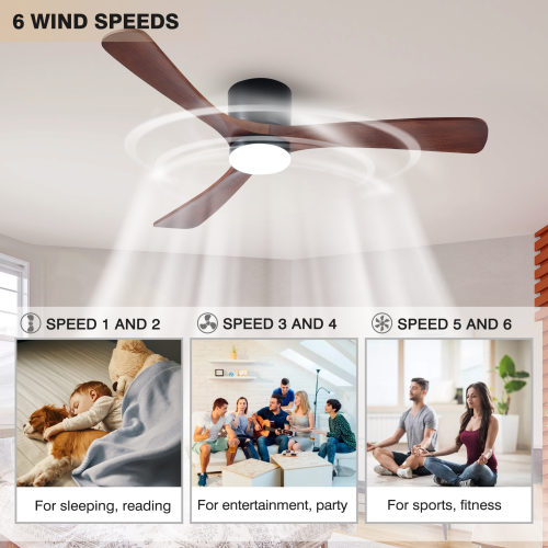 HUMHOLD 52" Wood Ceiling Fan w/ Lights Remote Reversible DC Motor 6-Speed, 3 Blades Low Profile Flush Mount, Modern for Low Profile Walnut & Matte -