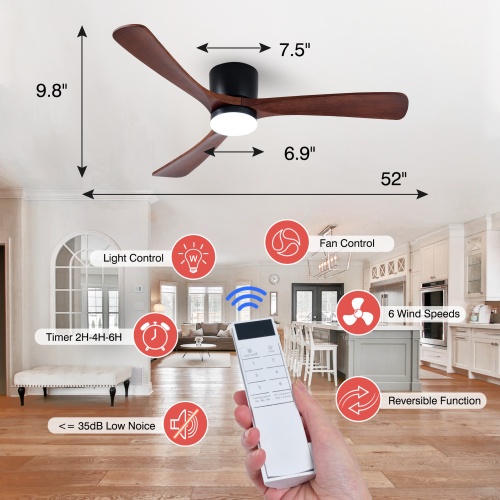 HUMHOLD 52" Wood Ceiling Fan w/ Lights Remote Reversible DC Motor 6-Speed, 3 Blades Low Profile Flush Mount, Modern for Low Profile Walnut & Matte -
