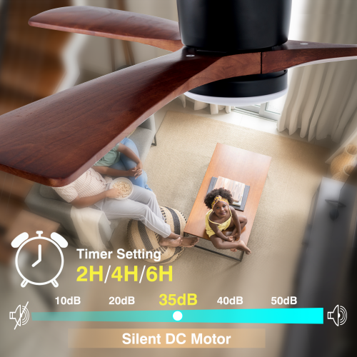 HUMHOLD 52" Wood Ceiling Fan w/ Lights Remote Reversible DC Motor 6-Speed, 3 Blades Low Profile Flush Mount, Modern for Low Profile Walnut & Matte -