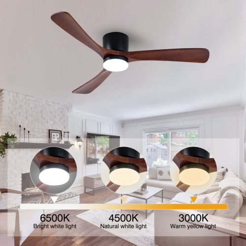 HUMHOLD 52" Wood Ceiling Fan w/ Lights Remote Reversible DC Motor 6-Speed, 3 Blades Low Profile Flush Mount, Modern for Low Profile Walnut & Matte -