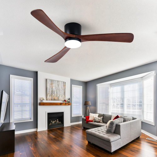 HUMHOLD 52" Wood Ceiling Fan w/ Lights Remote Reversible DC Motor 6-Speed, 3 Blades Low Profile Flush Mount, Modern for Low Profile Walnut & Matte -