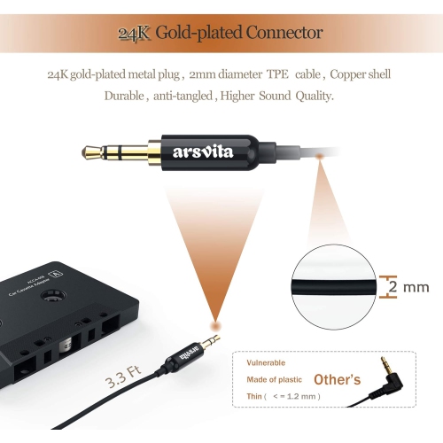 Arsvita – Adaptateur cassette audio pour l'auto vers auxiliaire, adaptateur ruban adhésif pour câble auxiliaire de 3,5 mm