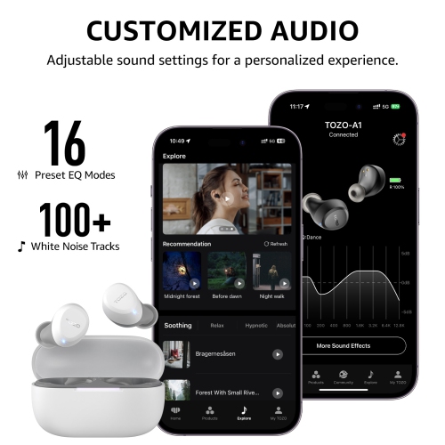 TOZO A1 Earbuds True Wireless Stereo Sound Bass 2 Mic for AI Calls-White