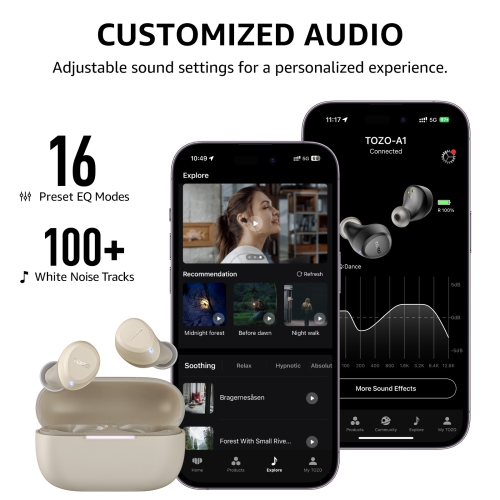 TOZO A1 Earbuds True Wireless Stereo Sound Bass 2 Mic for AI Calls-Khaki