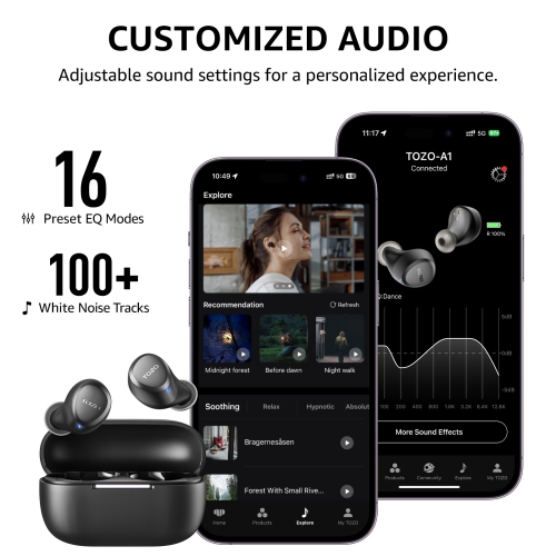 TOZO A1 Earbuds True Wireless Stereo Sound Bass 2 Mic for AI Calls-Black