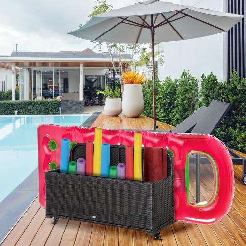 Outsunny Rolling Pool Storage, rotin, meubles de jardin, rangement extérieur en osier, flotteurs, nouilles, pagaies, balles, serviettes, Accessoires