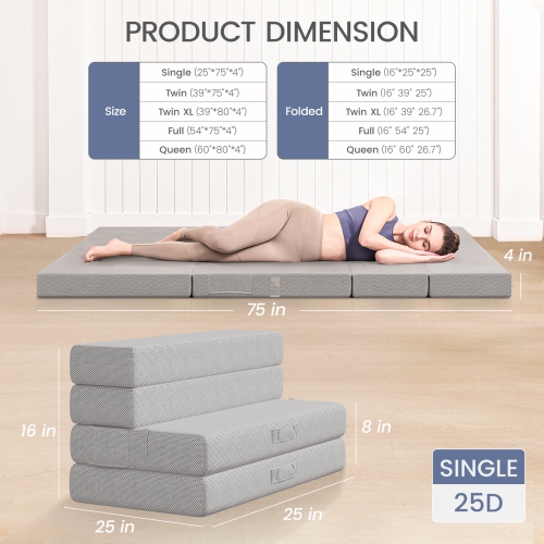 CoolHut – Matelas pliable avec housse perméable à l'air et sac de rangement lavables, matelas à quatre plis de 4 po, lit simple, pour les