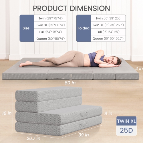 CoolHut Foldable Mattress TwinXL Size, Memory Foam 4 Inch Thick Portable RV Mattress with Removable Washable Cover & Storage Bag for Guests, Camping,
