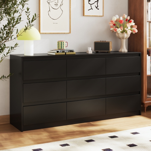 Homsee Modern 9-Drawer Dresser with Deep Storage, Handle-Free Design, Large Wooden Floor Dresser ,Black