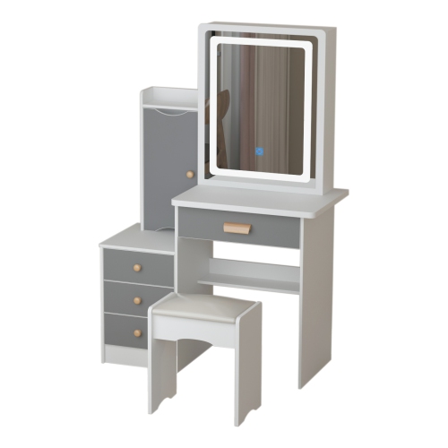 HOMSEE  Led Lighted Vanity Table With Adjustable Mirror, Storage Drawers & Cabinet, Wooden Handles (53.2" H X 35.2" W X 14.1" D), White & In Gray