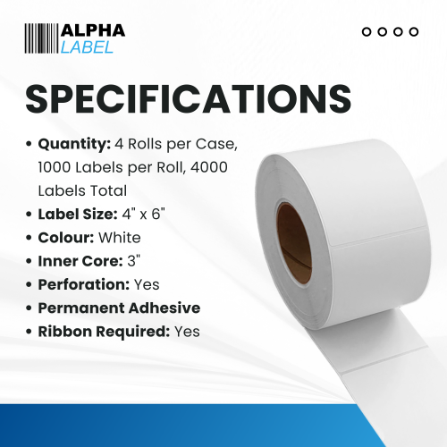 [4 rouleaux, 4000 étiquettes] Étiquettes Alpha – Étiquettes pour transfert thermique de 4 x 6&nbsp;po, noyau de 3&nbsp;po, diamètre extérieur de
