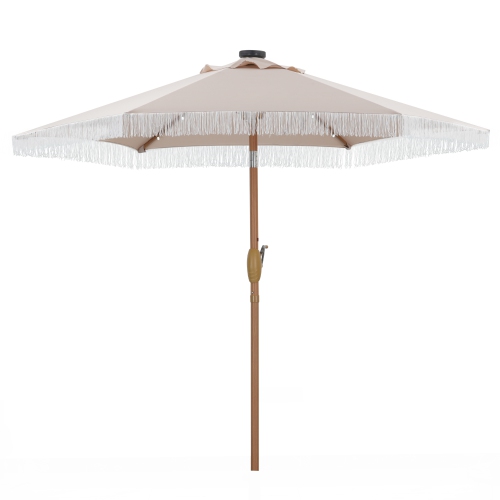 Ainfox 7.5ft Patio Umbrella with Fringe& Led Lights Khaki