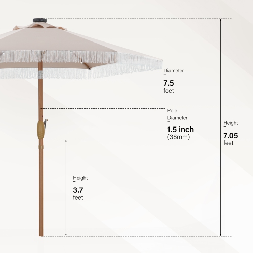 Ainfox 7.5ft Patio Umbrella with Fringe& Led Lights Khaki