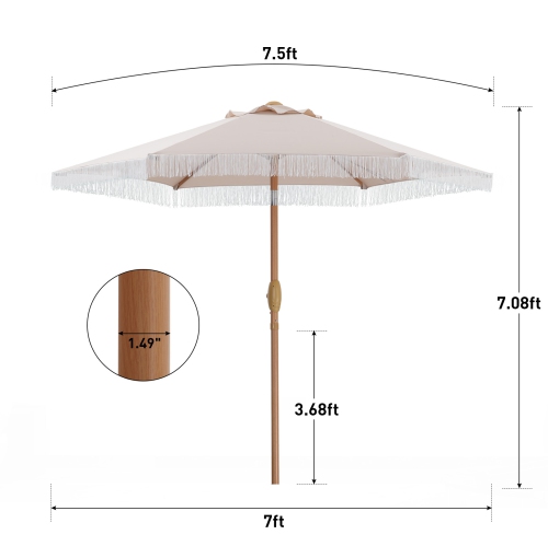 Ainfox 7.5ft Patio Umbrella with Fringe Khaki