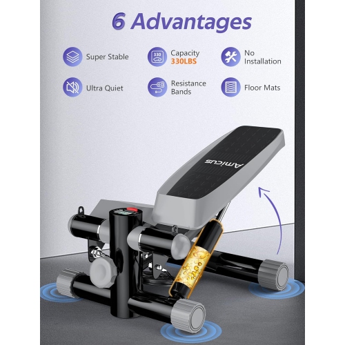 Amicus - Mini Stepper for Exercise, Adjustable Hydraulic Stepper Exercise Machine with Resistance Bands for Home, 330lbs Weight Capacity