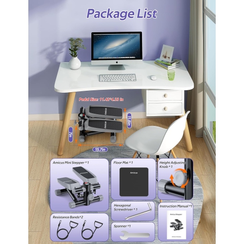 Amicus - Mini Stepper for Exercise, Adjustable Hydraulic Stepper Exercise Machine with Resistance Bands for Home, 330lbs Weight Capacity