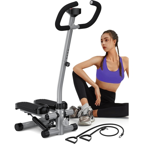 Amicus - Mini Stepper with Handlebar for Exercise, Adjustable Hydraulic Stair Stepper Machine with Resistance Bands for Home Exercise, 330lbs Weight