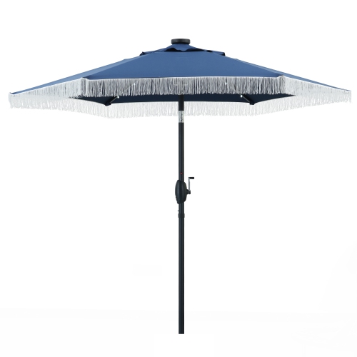 Ainfox 7.5ft Patio Umbrella with Fringe& Led Lights Navy Blue