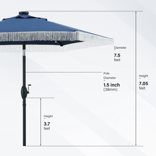 Ainfox 7.5ft Patio Umbrella with Fringe& Led Lights Navy Blue