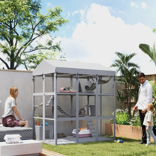 PawHut Large Cat House with Anti-Escape Floor, 81" H Wooden Catio Outdoor Cat Enclosure with Waterproof Cover, Walk in Door, Condo, Hammock, Ramp,