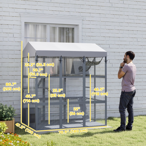 PawHut Large Cat House with Anti-Escape Floor, 81" H Wooden Catio Outdoor Cat Enclosure with Waterproof Cover, Walk in Door, Condo, Hammock, Ramp,