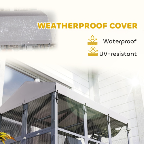 PawHut Large Cat House with Anti-Escape Floor, 81" H Wooden Catio Outdoor Cat Enclosure with Waterproof Cover, Walk in Door, Condo, Hammock, Ramp,