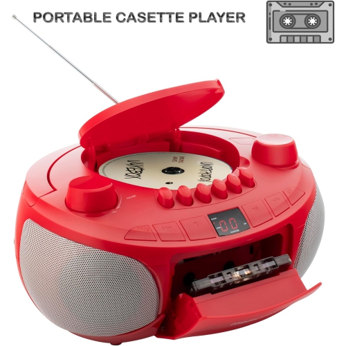 Memorex Portable Top Loading CD Cassette Boombox with AM/FM Stereo Radio in Black | CD-R/CD-RW Compatible | LED Display | AUX Port Supported |