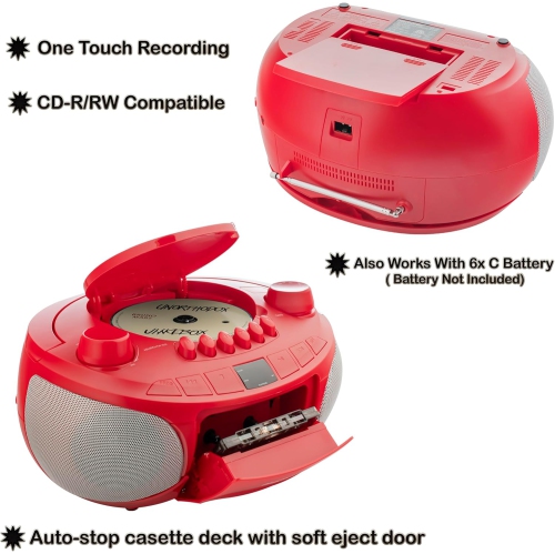 Memorex Portable Top Loading CD Cassette Boombox with AM/FM Stereo Radio in Black | CD-R/CD-RW Compatible | LED Display | AUX Port Supported |