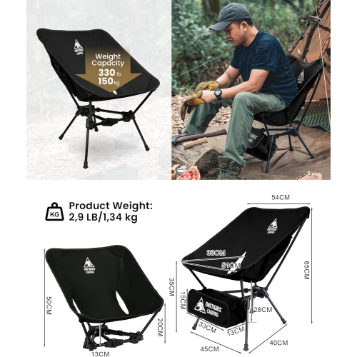 Chaise de camping de PetginHome, chaise de randonnée pliable légère avec sac à dos, 330&nbsp;lb portatif compact, capacité noire