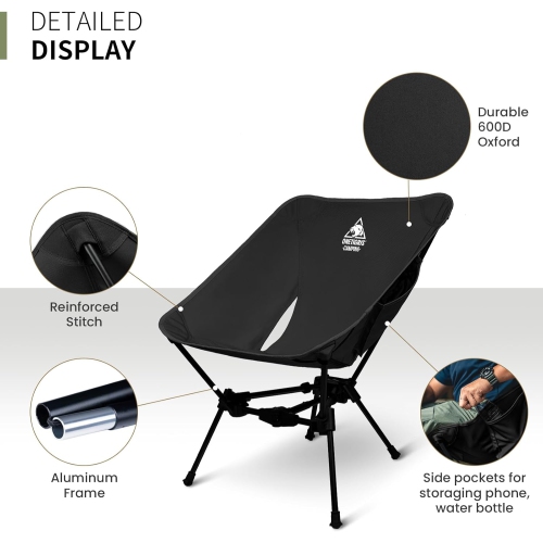 Chaise de camping de PetginHome, chaise de randonnée pliable légère avec sac à dos, 330&nbsp;lb portatif compact, capacité noire