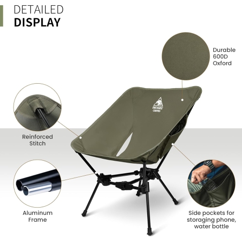 Chaise de camping de PetginHome, chaise de randonnée pliable légère avec sac à dos, capacité 330&nbsp;lb compacte et portative – Vert ranger