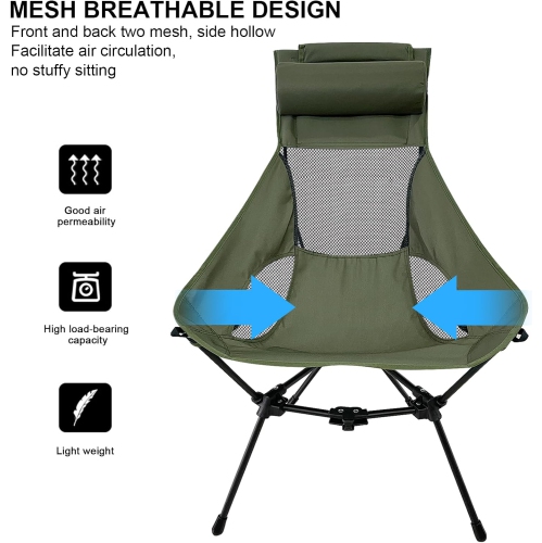 PetginHome-High Back Folding Camping Chair, Removable Pillow, Side Pocket & Carry Bag,Compact & Heavy Duty for Outdoor Camp,Hiking,Picnic,Beach