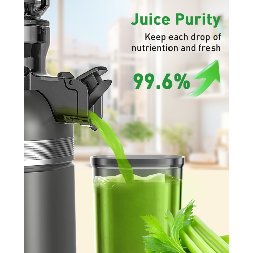 GlowWise Cold press juicer with built-in blades and a 4.35" wide chute for whole fruits/veggies. Quiet, easy to clean, and high juice yield for