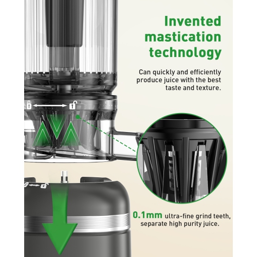GlowWise Cold press juicer with built-in blades and a 4.35" wide chute for whole fruits/veggies. Quiet, easy to clean, and high juice yield for
