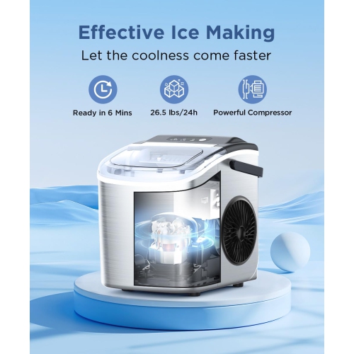 COWSAR Ice Maker Countertop, Stainless Steel Portable Ice Maker Machine with Self-Cleaning, 26.5lbs/24Hrs, 6 Mins/9 Pcs Bullet Ice, Perfectly for