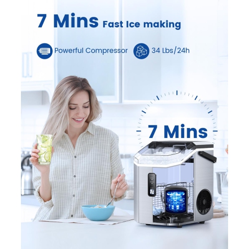COWSAR Nugget Ice Maker Countertop Portable Ice Makers w/ Soft Chewable Ice 34lbs/24H One-Click Operation Auto-Cleaning Pebble Ice Maker Machine w/