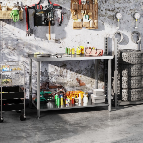 HOMCOM Stainless Steel Prep Table, 24 x 47 x 34 Inch, Heavy Duty Metal Work Table with Shelf, Workbench for Commercial, Restaurant, Hotel, Kitchen,