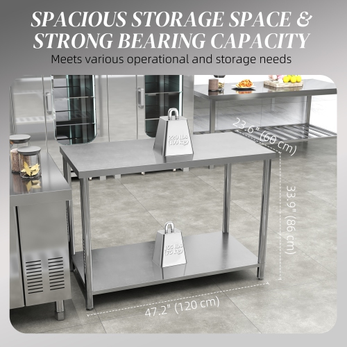 HOMCOM Stainless Steel Prep Table, 24 x 47 x 34 Inch, Heavy Duty Metal Work Table with Shelf, Workbench for Commercial, Restaurant, Hotel, Kitchen,