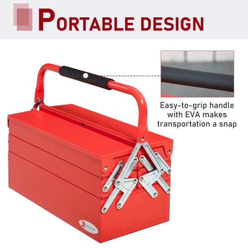 DURHAND 18" Metal Tool Box, Portable 5-Tray Cantilever Steel Tool Chest Cabinet for Garage and Warehouse, Red