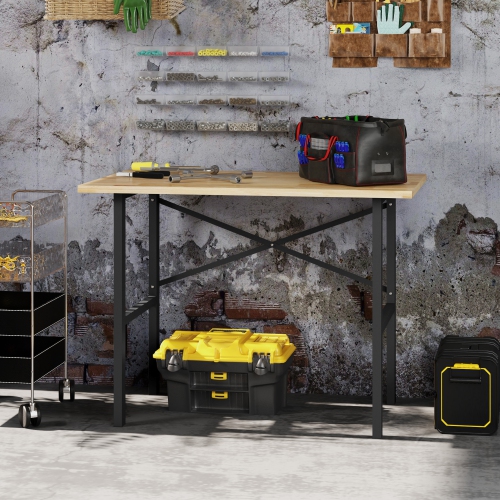 HOMCOM – Table de travail de 46&nbsp;po, dessus en bois de chêne, support en X en acier robuste, poste de travail haute stabilité, assemblage facile