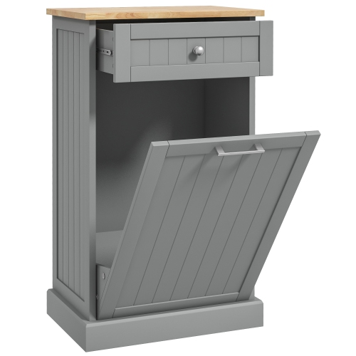 HOMCOM Tilt Out Trash Cabinet, Hidden Garbage Bin Cabinet with Drawer and Solid Wood Countertop, Free Standing Kitchen Trash Can Holder, Grey